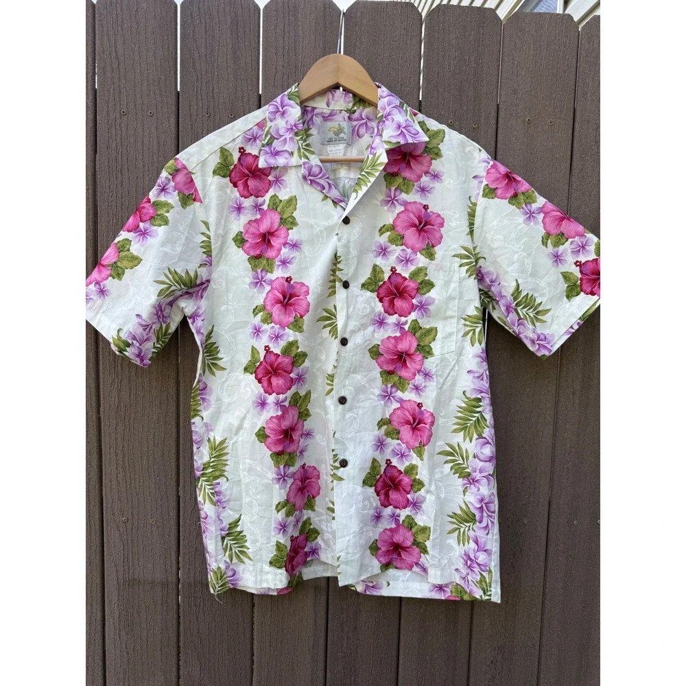 Ho Aloha Made in Hawaii Mens Pink Hibiscus Floral Cotton Shirt Medium tropical